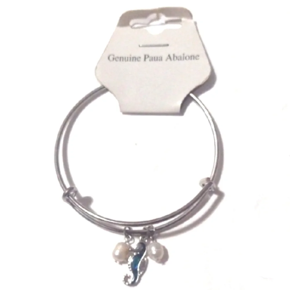 DARLENE SHELLS, INC. GENUINE PAUA ABALONE SEAHORSE BANGLE DANGLE BRACELET-NWT